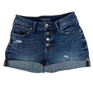 MAURICES Women’s Blue Jean Shorts Sz 4 Button Fly Distressed/Destroyed Stretch